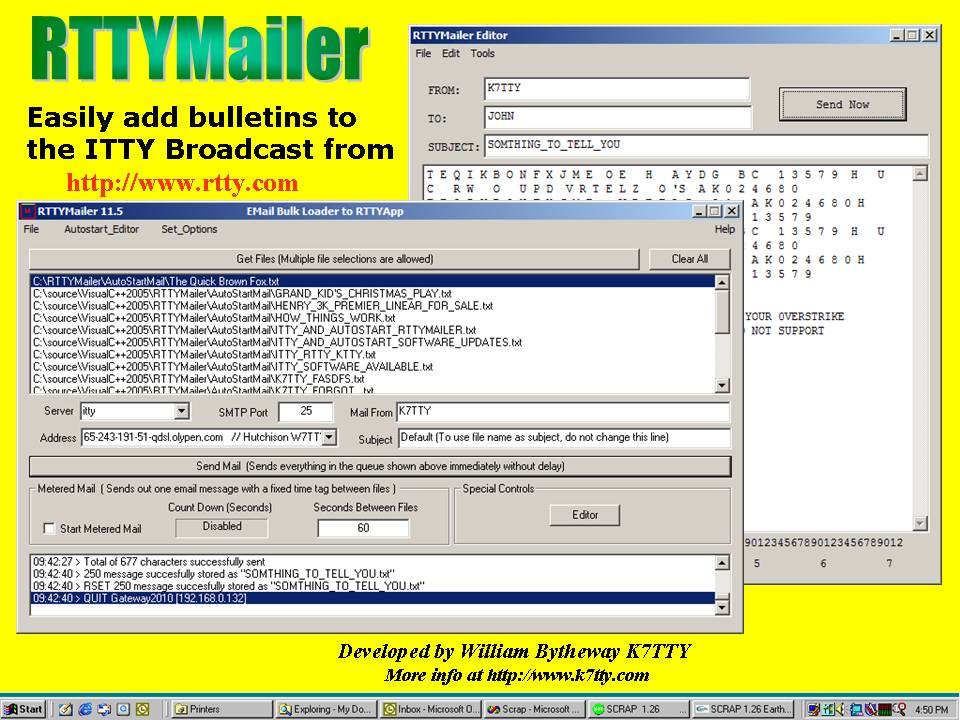 Picture showing the RTTYMailer software and the quick send editor used for uploading software to the Internet Teletype broadcast service provided by http://rtty.com 